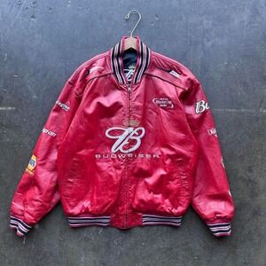 Vintage Budweiser Red Leather NASCAR Jacket Reversible Size XL